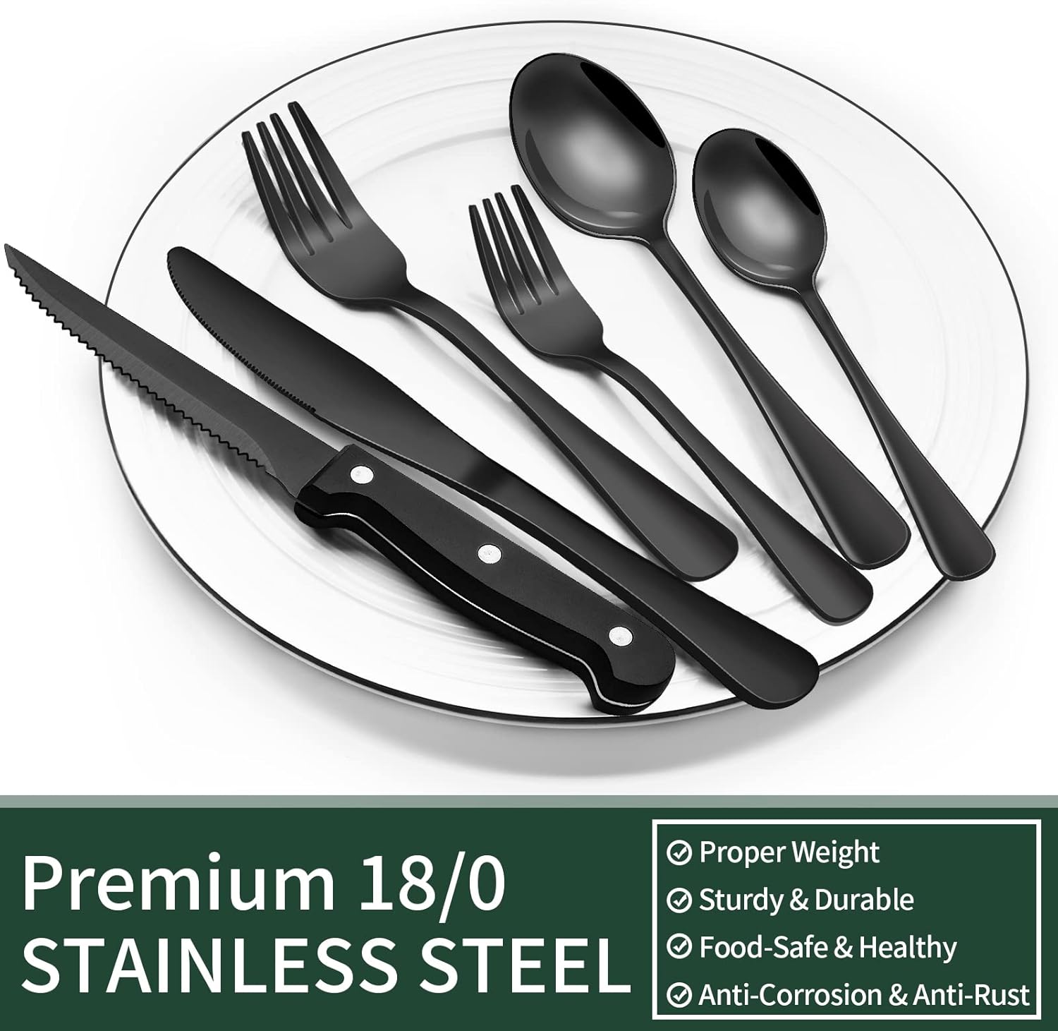EWFEN 24-Piece Silverware Set with Steak Knives, Food-Grade Stainless Steel Tableware Cutlery Set for 4, Mirror Finished Flatware Utensil for Home Restaurant Black