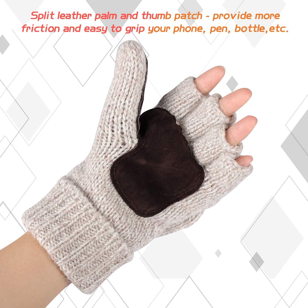 Thermal Insulation Fingerless Texting Wool Gloves for Women and Men Winter Warm Knitted Convertible Mittens Flap