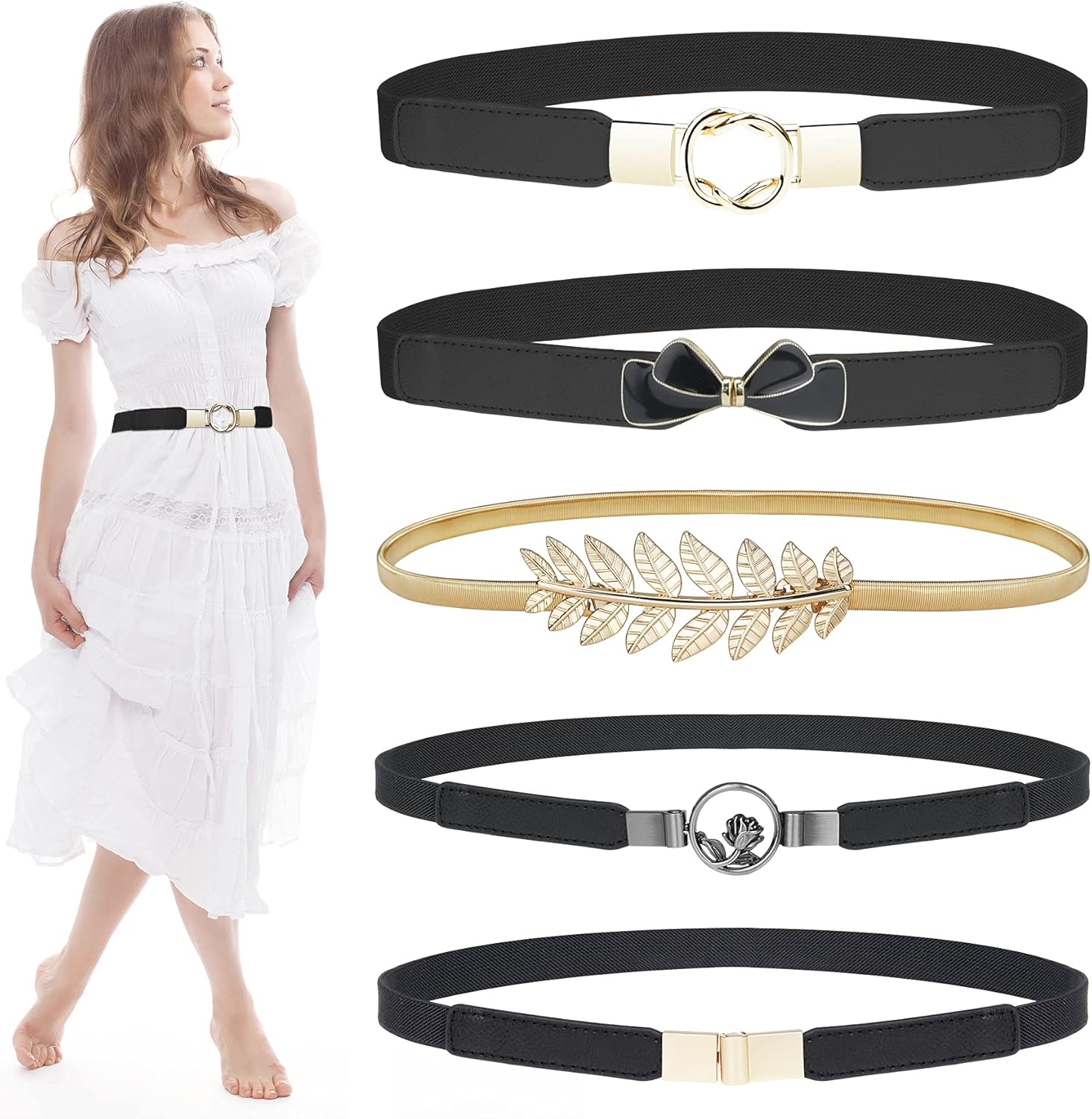 EAONE Skinny Belts for Women 5 Pack, Fashion Dress Belts Stretch Women Waist Belts Plus Size Elastic Waist Band for Dresses