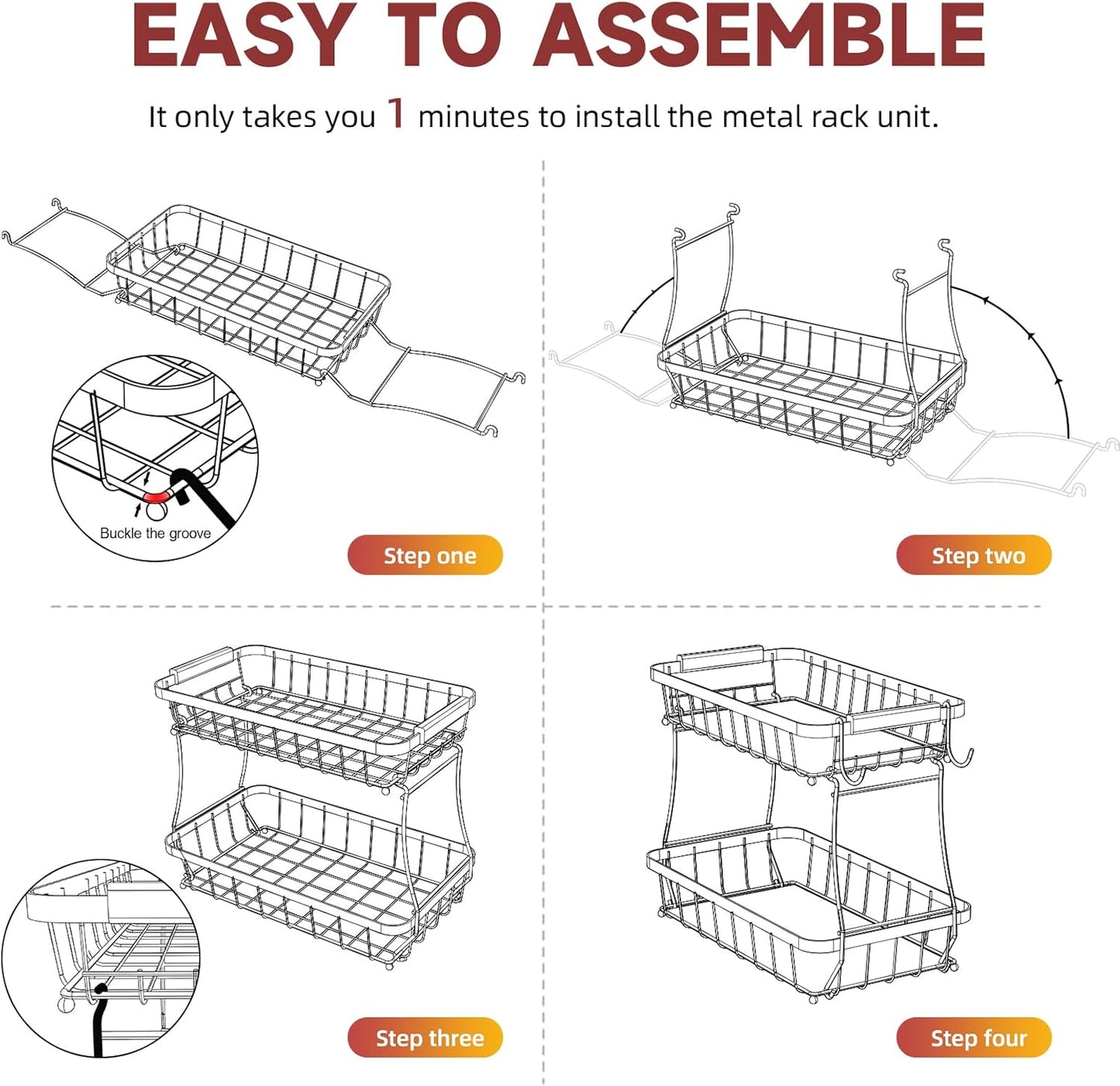 2 Tier Large Fruit Basket for Kitchen Counter with 2 Mobile Banana Hangers, 2025 Pro Detachable Metal Fruit Bowl with Wooden Handle, Fruit Holder for Bread Snack Veggies with Protective Mats