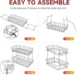 2 Tier Large Fruit Basket for Kitchen Counter with 2 Mobile Banana Hangers, 2025 Pro Detachable Metal Fruit Bowl with Wooden Handle, Fruit Holder for Bread Snack Veggies with Protective Mats