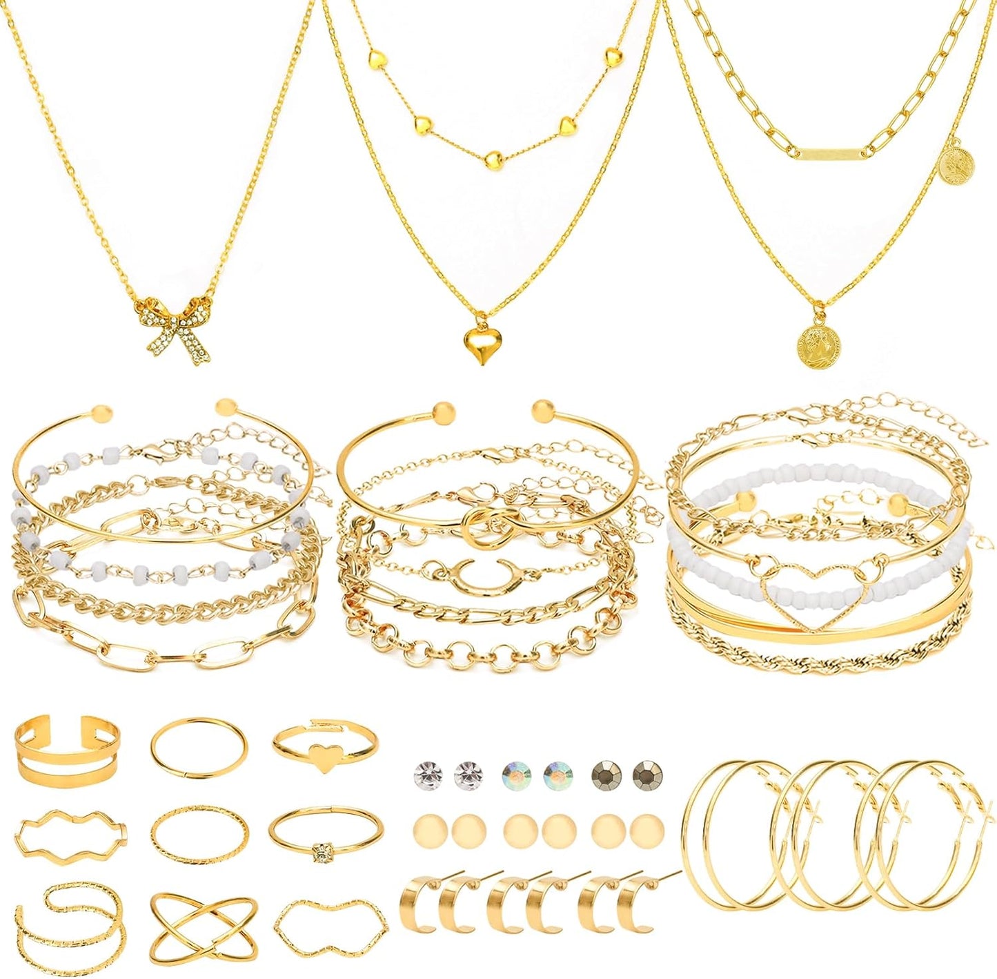 NEWITIN 49 Pieces Gold Jewelry Set for Women Fashion Jewelry Gold Plated Necklace Bracelet Ring Earrings Set for Women