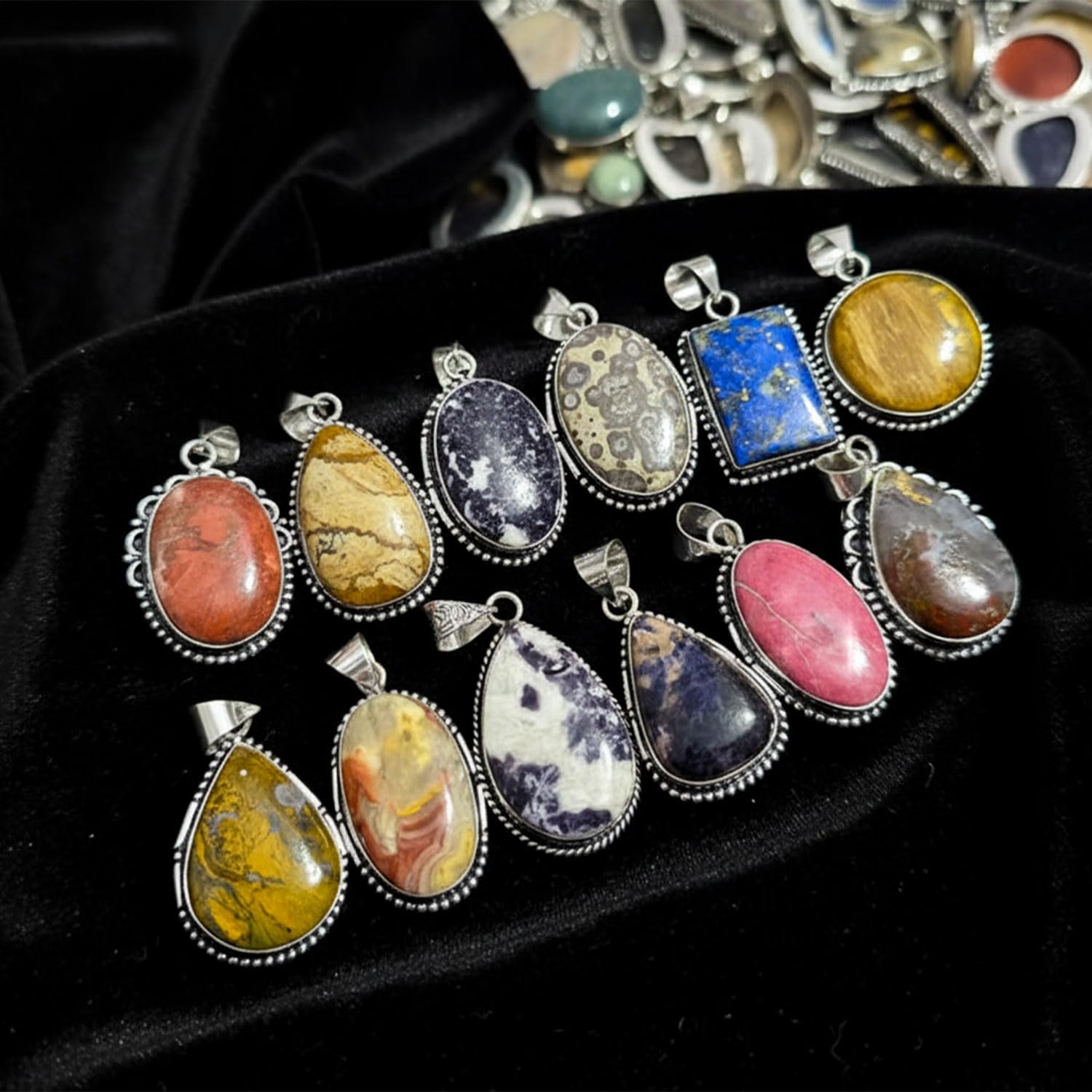 Handmade 10 Pcs Gemstone Pendant Necklace Set for Women, Silver Pendants for Women