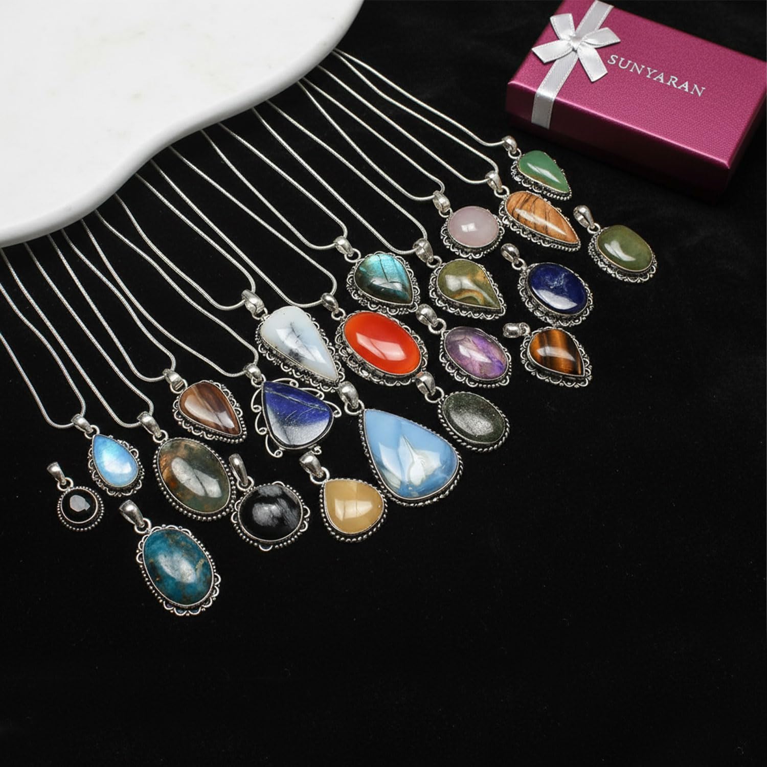 Handmade 10 Pcs Gemstone Pendant Necklace Set for Women, Silver Pendants for Women
