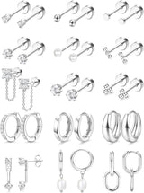 LOLIAS Flat Back Earrings for Women Hypoallergenic Surgical Steel Earrings for Sensitive Ears-20G Cartilage Earring Stacks 14K Gold Plated Hoops Flatback Stud Earring Sets for Multiple Piercing