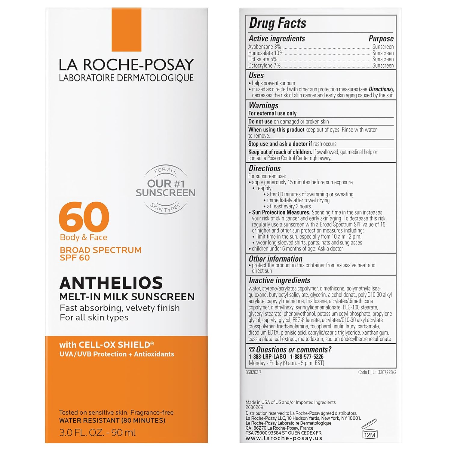 La Roche-Posay Anthelios Melt-In Milk Sunscreen SPF 60, Sunscreen For Body & Face, Broad SPF + Antioxidants, Oil Free, Lightweight & Fast Absorbing, Oxybenzone Free