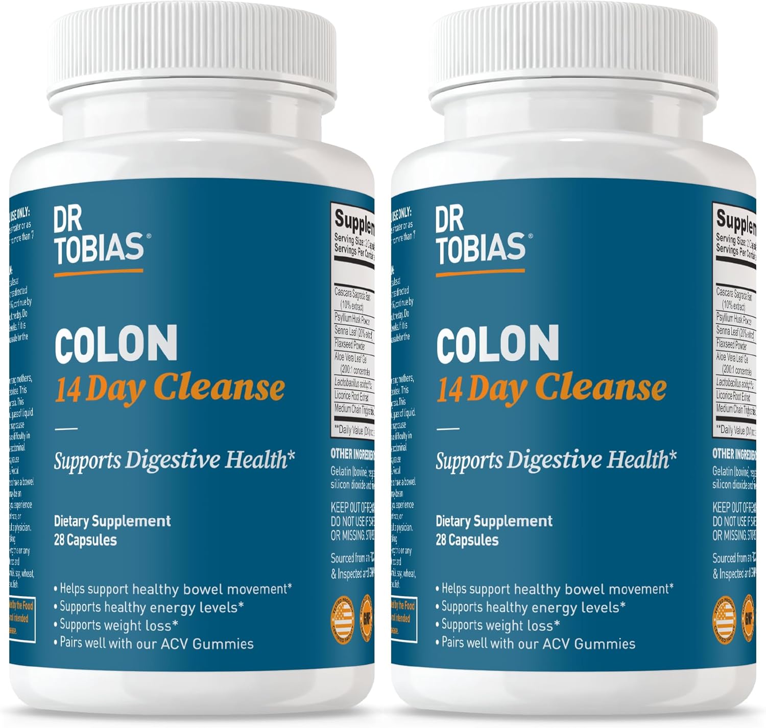 Dr. Tobias Colon 14 Day Cleanse, Advanced Gut Cleanse Detox for Women & Men with Cascara Sagrada, Psyllium Husk, Senna Leaf & Probiotics, Non-GMO Colon Cleanse, 1 Bottle of 28 Capsules (1-2 Daily)