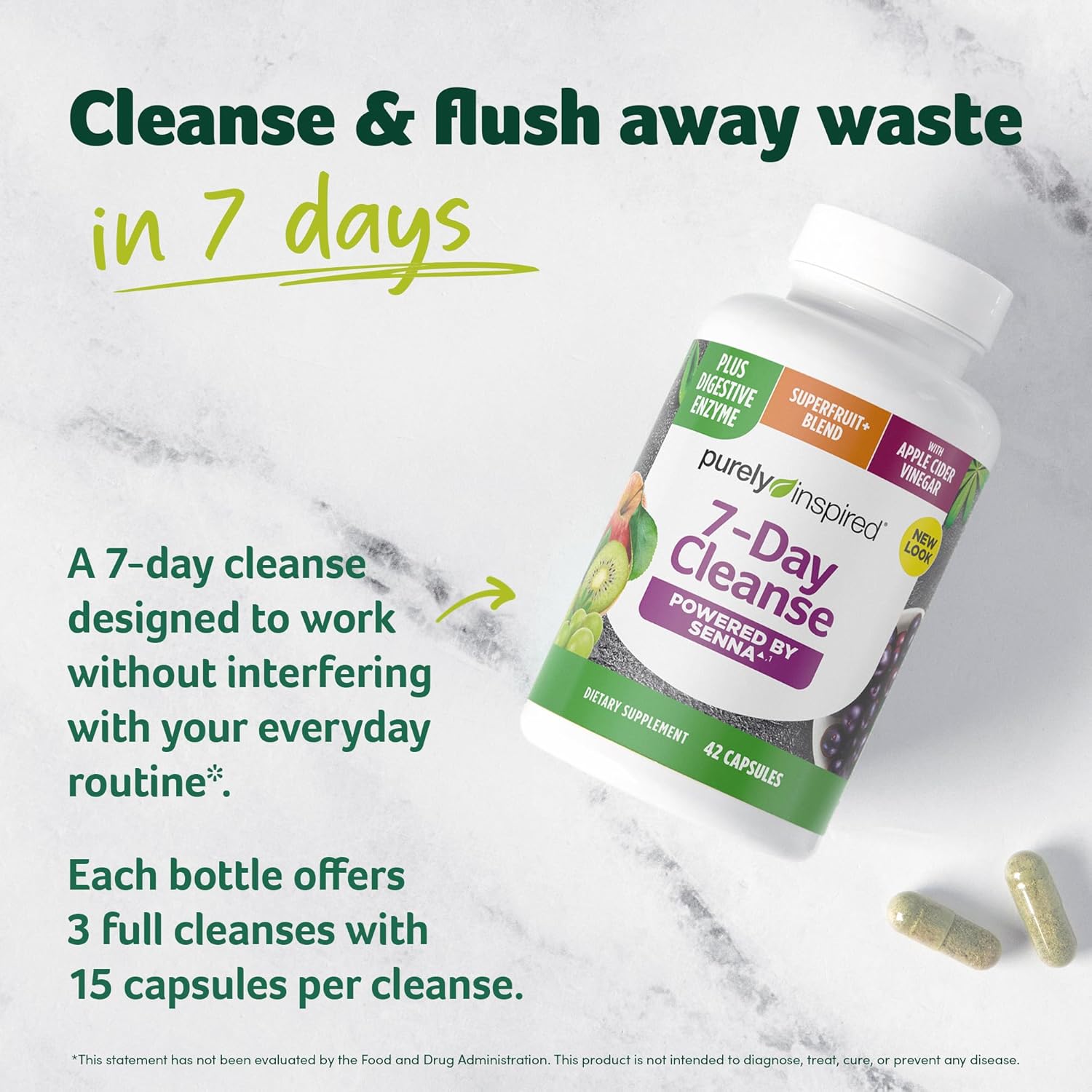 Purely Inspired 7-Day Detox Cleanse - Whole Body Cleanse & Detox Pills for Women & Men, Powered with Senna Leaf, Vitamin C, Cider Vinegar, Digestive Enzymes & Probiotics - 42 Acai Berry Capsules