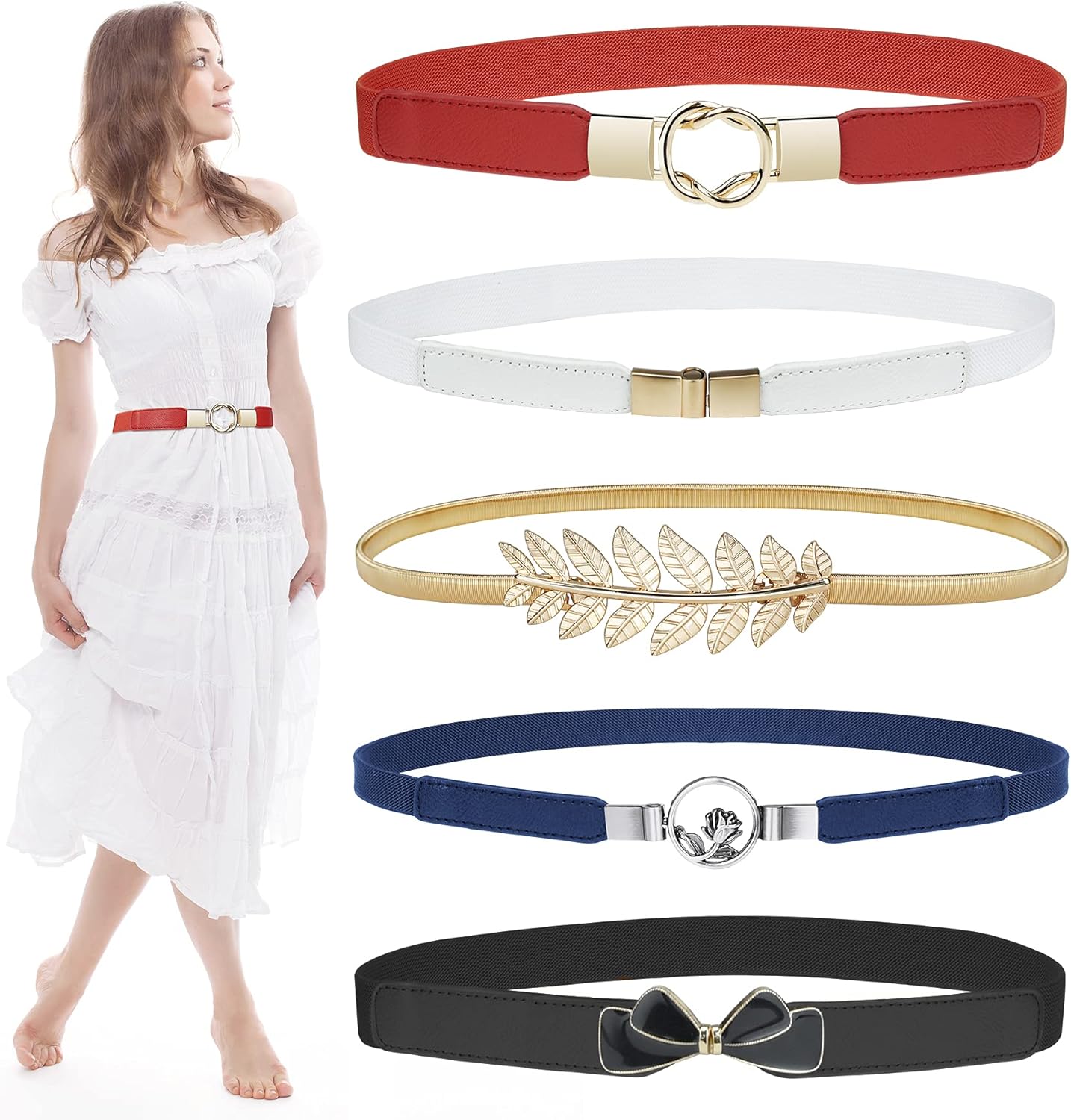 EAONE Skinny Belts for Women 5 Pack, Fashion Dress Belts Stretch Women Waist Belts Plus Size Elastic Waist Band for Dresses