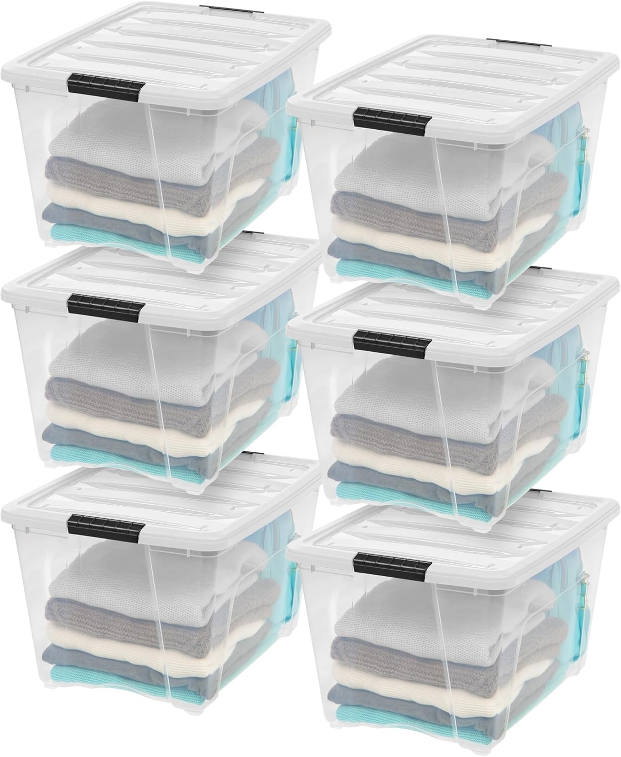 IRIS USA 54 Qt Stackable Plastic Storage Bins with Lids, 6 Pack - BPA-Free, Made in USA - See-Through Organizing Solution, Latches, Durable Nestable Containers, Secure Pull Handle - Clear