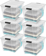 IRIS USA 54 Qt Stackable Plastic Storage Bins with Lids, 6 Pack - BPA-Free, Made in USA - See-Through Organizing Solution, Latches, Durable Nestable Containers, Secure Pull Handle - Clear