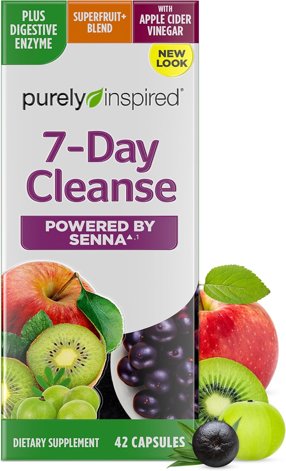 Purely Inspired 7-Day Detox Cleanse - Whole Body Cleanse & Detox Pills for Women & Men, Powered with Senna Leaf, Vitamin C, Cider Vinegar, Digestive Enzymes & Probiotics - 42 Acai Berry Capsules
