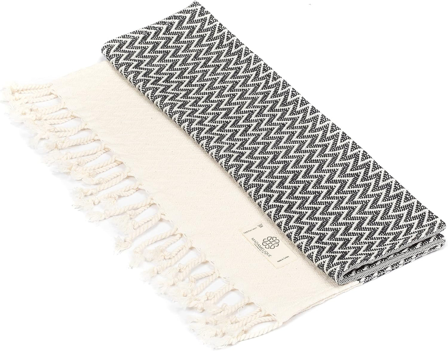 Madamelique Exclusive Hand Towels Set of 2-18 x 40 Inches - Decorative Bathroom Peshtemal Towel for Hand, Face, Hair, Yoga, Tea, Dishcloth, Kitchen and Bath - 100% Pure Cotton (Black)