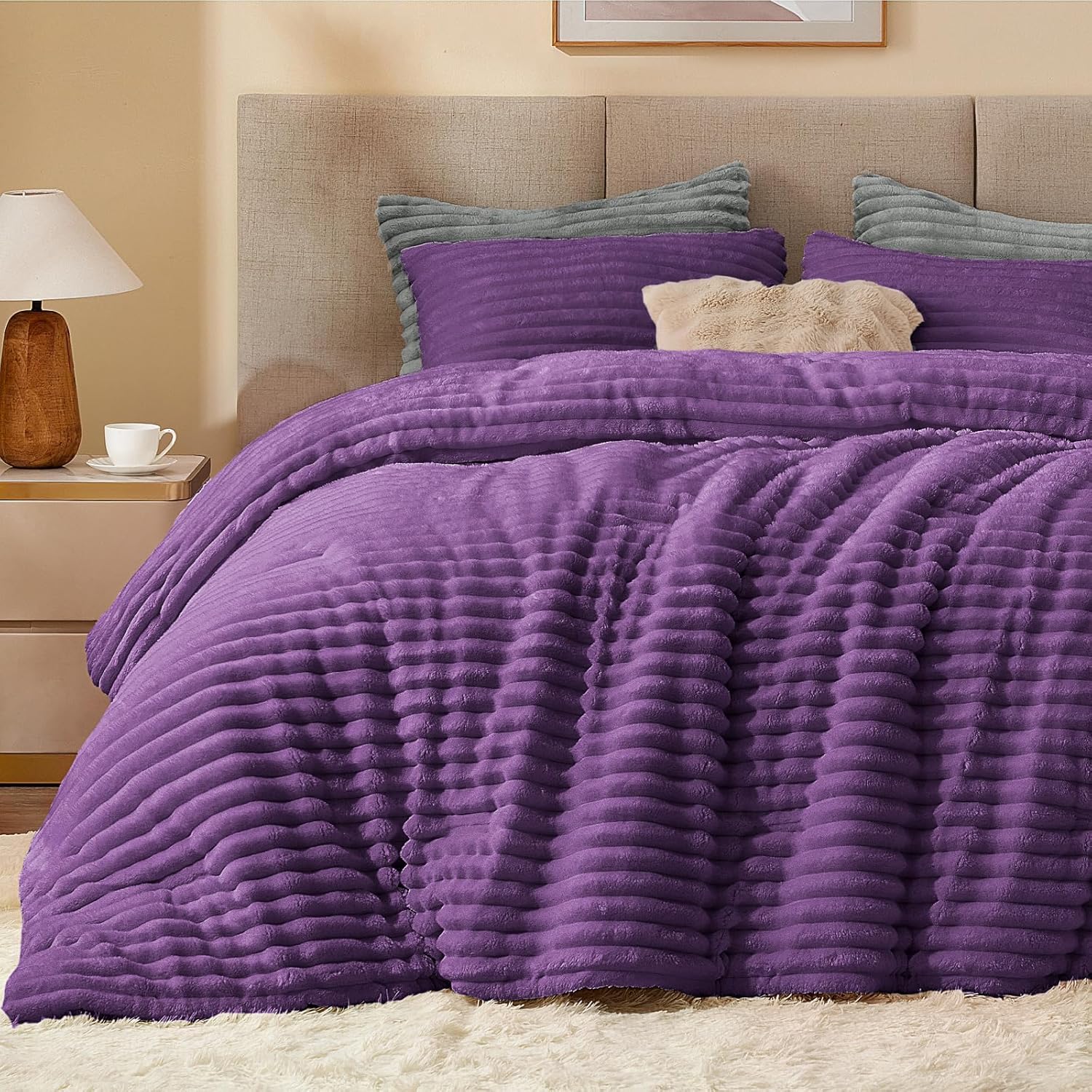 BEDELITE Fleece Comforter Set -Super Soft & Warm Fluffy Cream White Bedding, Luxury Fuzzy Heavy Bed Set for Winter with 2 Pillow Cases