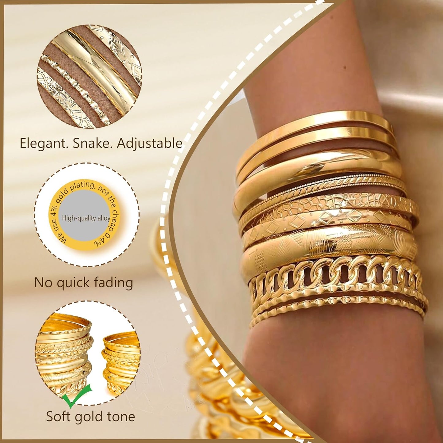 ÌF ME Gold Bangle Bracelets for Women, Indian Bangles Stackable Set, Multi Layer Textured 14K Gold Plated Chunky Bracelets Boho Jewelrys Set