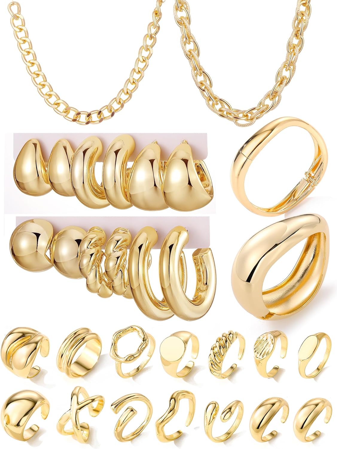 IFKM Gold Plated Jewelry Set for Women,14k Gold Plated Multi Layer Necklaces Stackable Bangle Bracelets Stackable Rings Hoop Earrings Set Anniversary Trendy Elegance Charms Anniversary Birthday Jewelry Gift