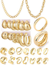 IFKM Gold Plated Jewelry Set for Women,14k Gold Plated Multi Layer Necklaces Stackable Bangle Bracelets Stackable Rings Hoop Earrings Set Anniversary Trendy Elegance Charms Anniversary Birthday Jewelry Gift