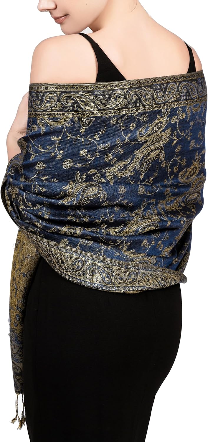 Achillea Reversible Paisley Pashmina Rave Scarf – Exotic Indian Shawls and Wraps for Evening Dresses, Festivals, All Seasons