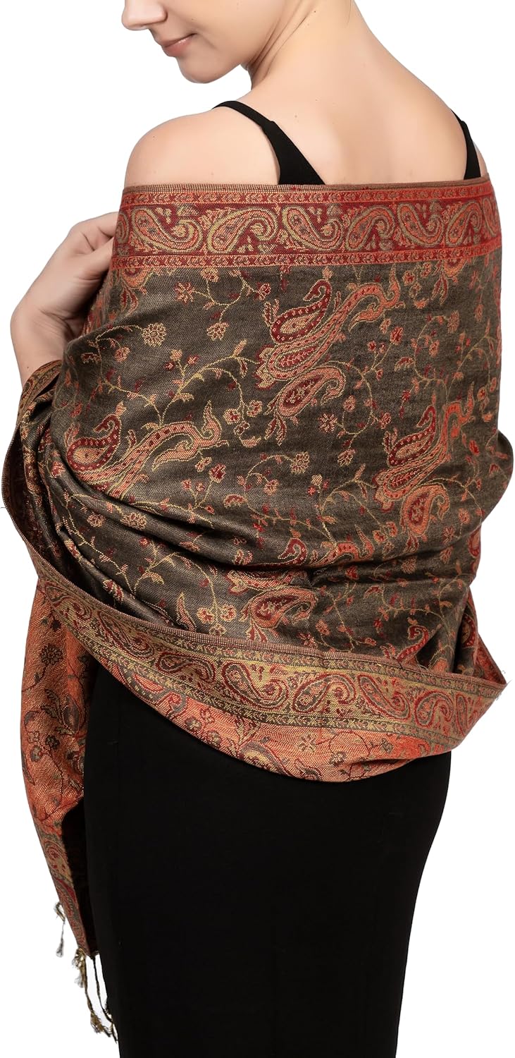 Achillea Reversible Paisley Pashmina Rave Scarf – Exotic Indian Shawls and Wraps for Evening Dresses, Festivals, All Seasons