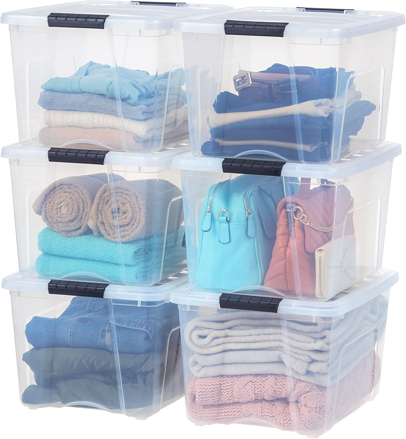 IRIS USA 54 Qt Stackable Plastic Storage Bins with Lids, 6 Pack - BPA-Free, Made in USA - See-Through Organizing Solution, Latches, Durable Nestable Containers, Secure Pull Handle - Clear