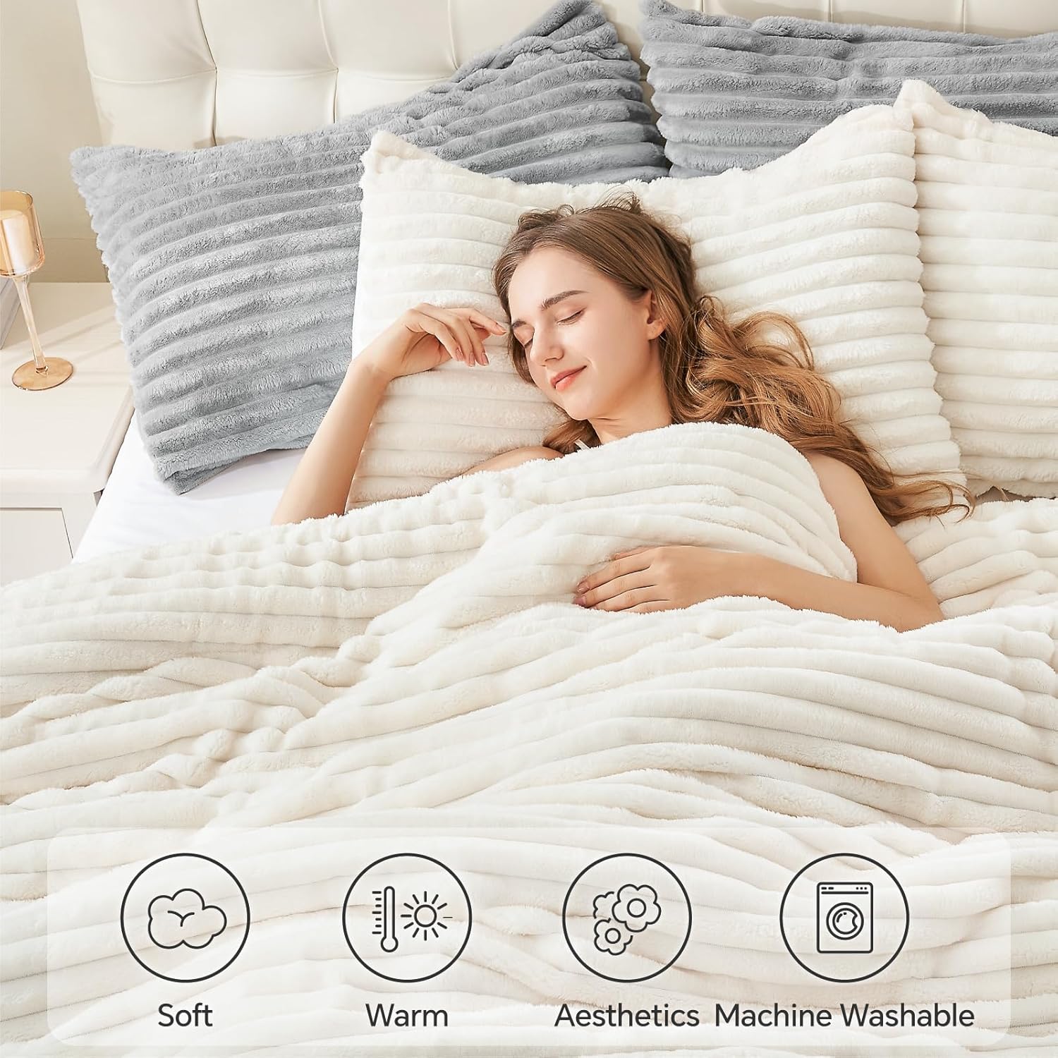 BEDELITE Fleece Comforter Set -Super Soft & Warm Fluffy Cream White Bedding, Luxury Fuzzy Heavy Bed Set for Winter with 2 Pillow Cases