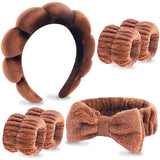 VELSCRUN 6 Pack Spa Headband, Makeup Headband, Face Wash Headbands, Skincare Headbands, Brown Sponge Hair Band Bow Tie Spa Head Band for Washing Face Wristband Set Hair Accessories for Women