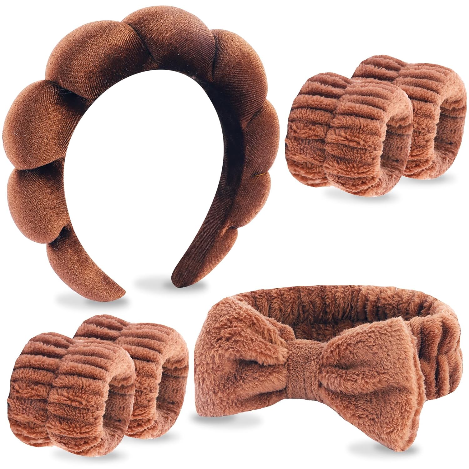 VELSCRUN 6 Pack Spa Headband, Makeup Headband, Face Wash Headbands, Skincare Headbands, Brown Sponge Hair Band Bow Tie Spa Head Band for Washing Face Wristband Set Hair Accessories for Women