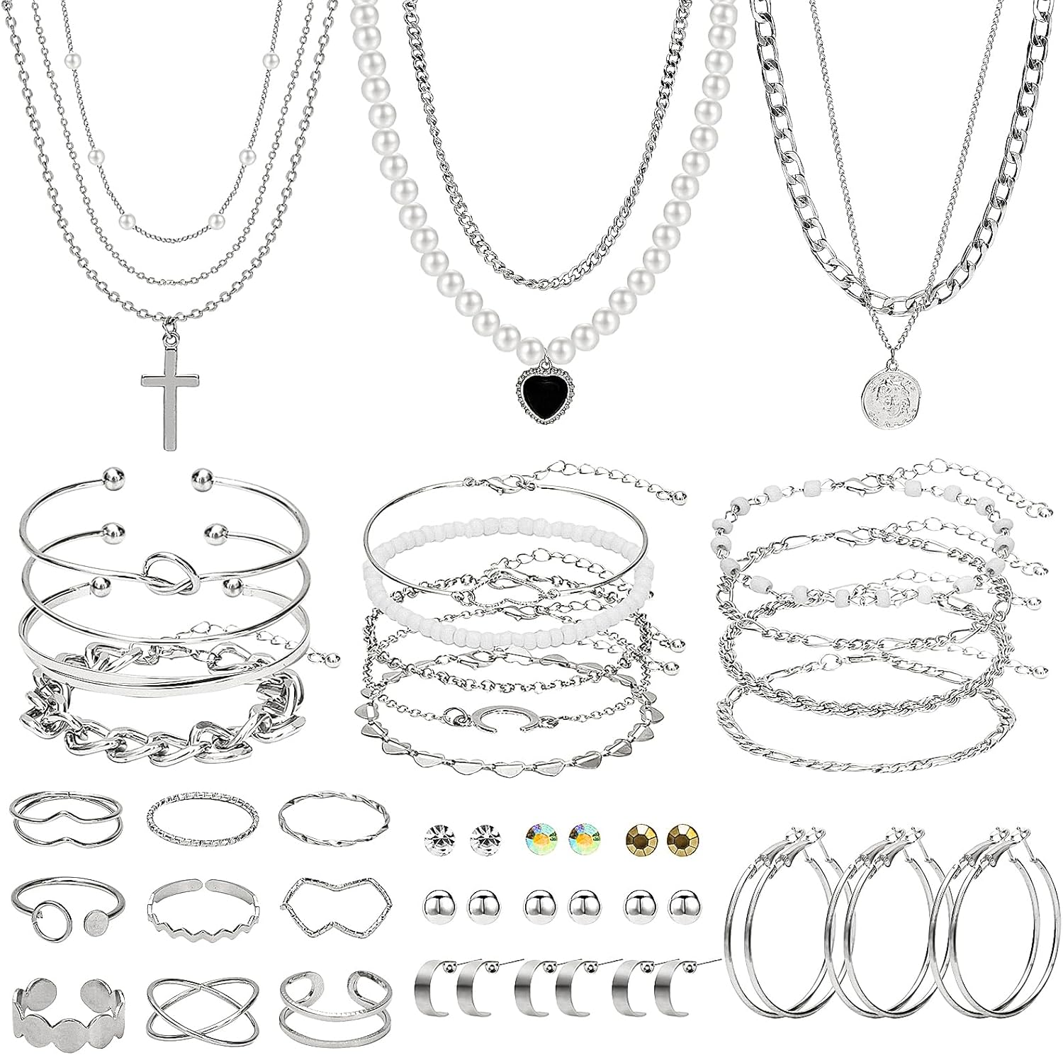 NEWITIN 49 Pieces Gold Jewelry Set for Women Fashion Jewelry Gold Plated Necklace Bracelet Ring Earrings Set for Women