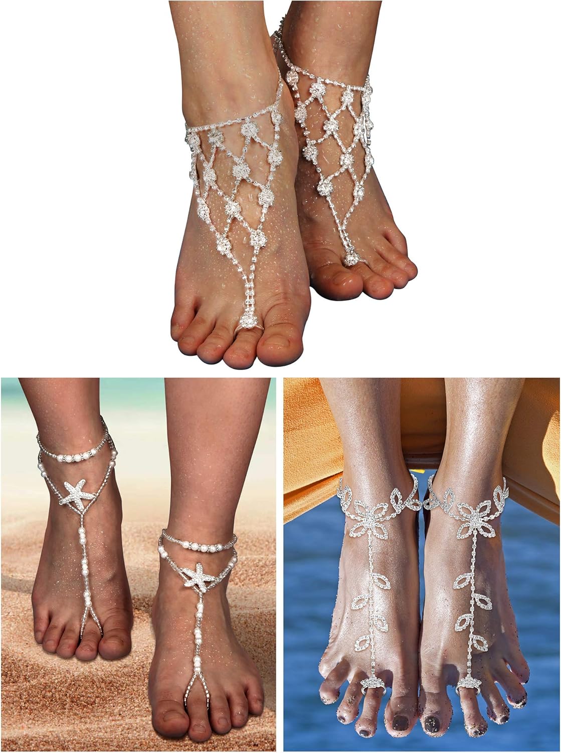 Hicarer 6 Pcs Foot Jewelry Barefoot Sandals for Women Rhinestone Anklets Bohemian Foot Chain for Beach Wedding Valentine
