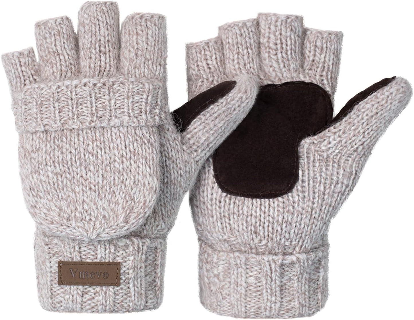 ViGrace Winter Knitted Convertible Fingerless Gloves Wool Mittens Warm Mitten Glove for Women and Men
