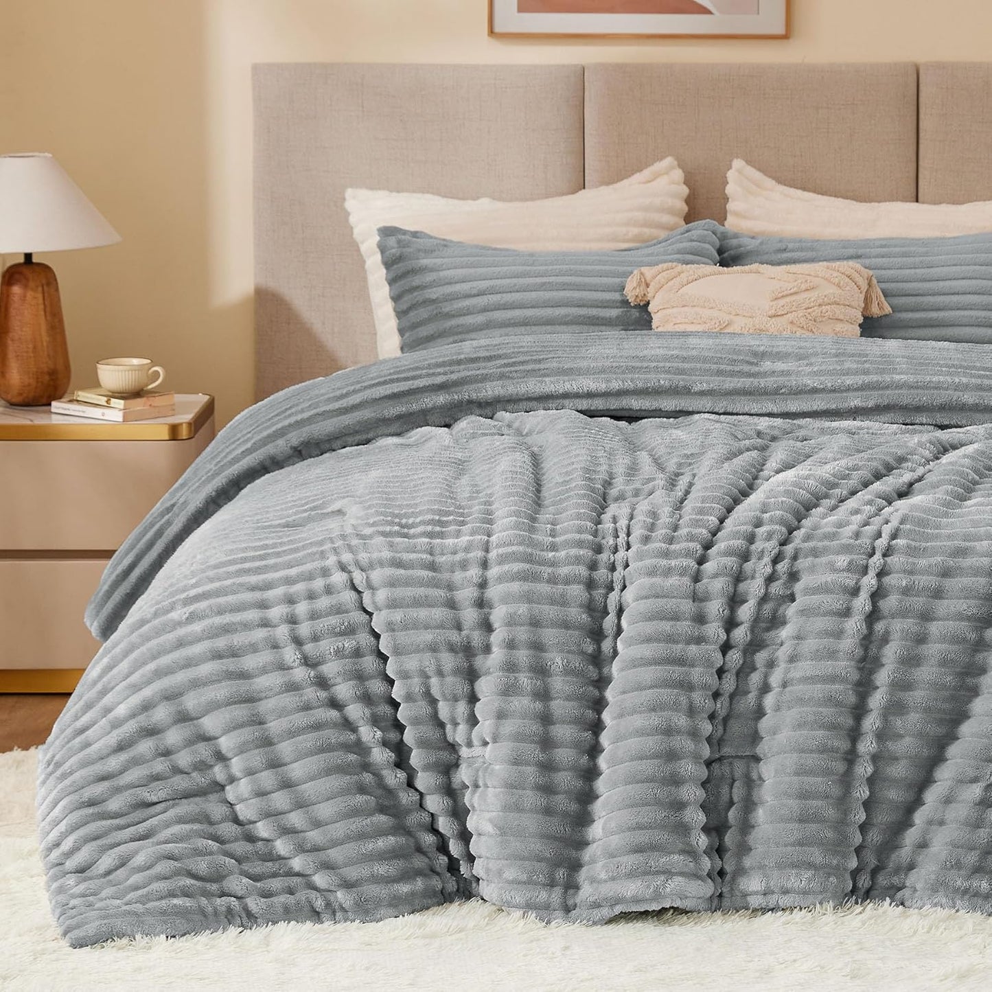 BEDELITE Fleece Comforter Set -Super Soft & Warm Fluffy Cream White Bedding, Luxury Fuzzy Heavy Bed Set for Winter with 2 Pillow Cases