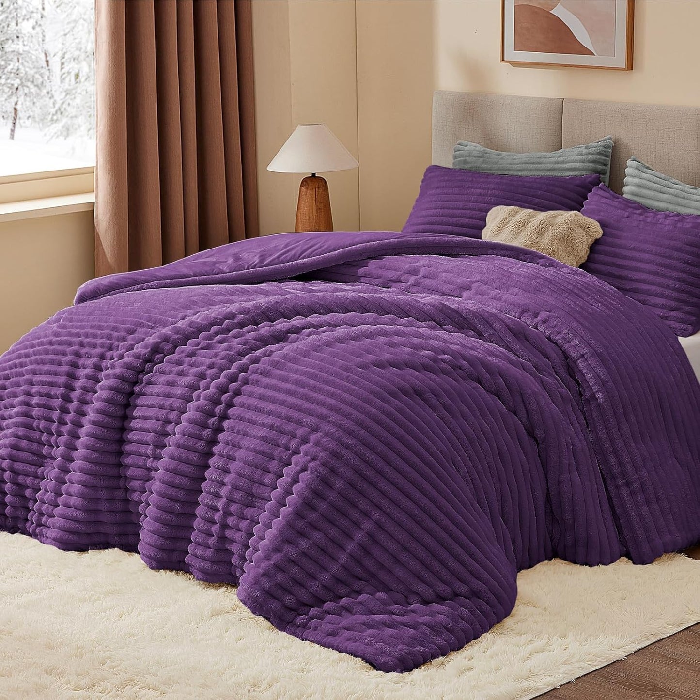 BEDELITE Fleece Comforter Set -Super Soft & Warm Fluffy Cream White Bedding, Luxury Fuzzy Heavy Bed Set for Winter with 2 Pillow Cases