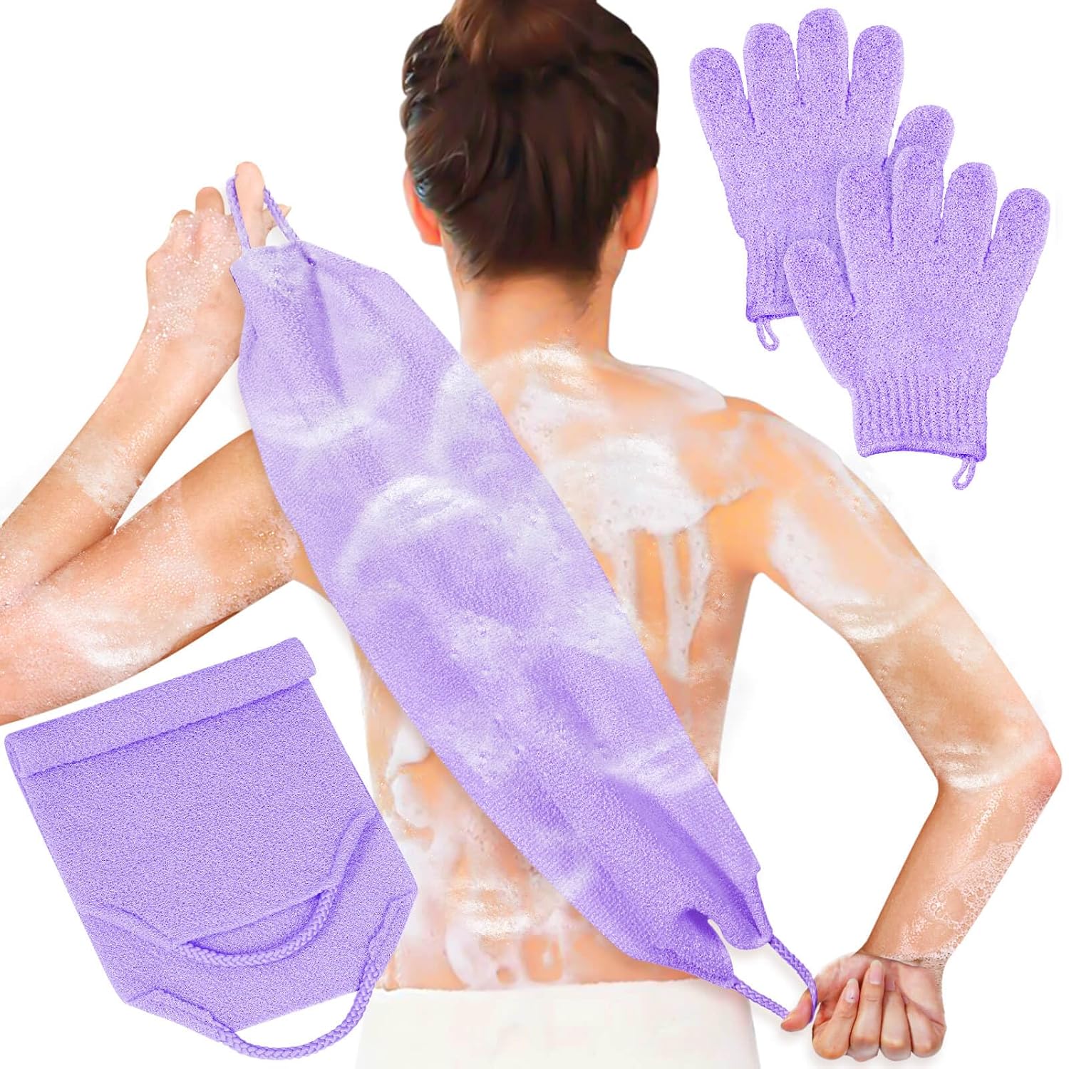 Anezus Exfoliating Back Scrubber Bath Gloves Set, Exfoliating Shower Towel with Shower Gloves for Body Scrub, Back Cleaner Wash Gloves to Remove Dead Skin (Black)