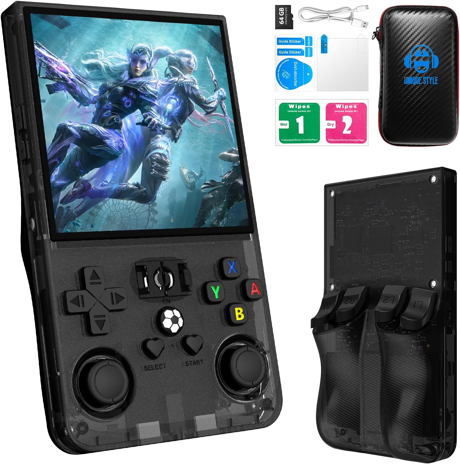 R36MAX Retro Handheld Game Console, 4.0 Inch 720x720 IPS Screen, Built-in 18,000+ Classic Game, Portable Hand Held Open Source Linux System, 4000mAh Battery Retro Gaming Console(Black 64GB)