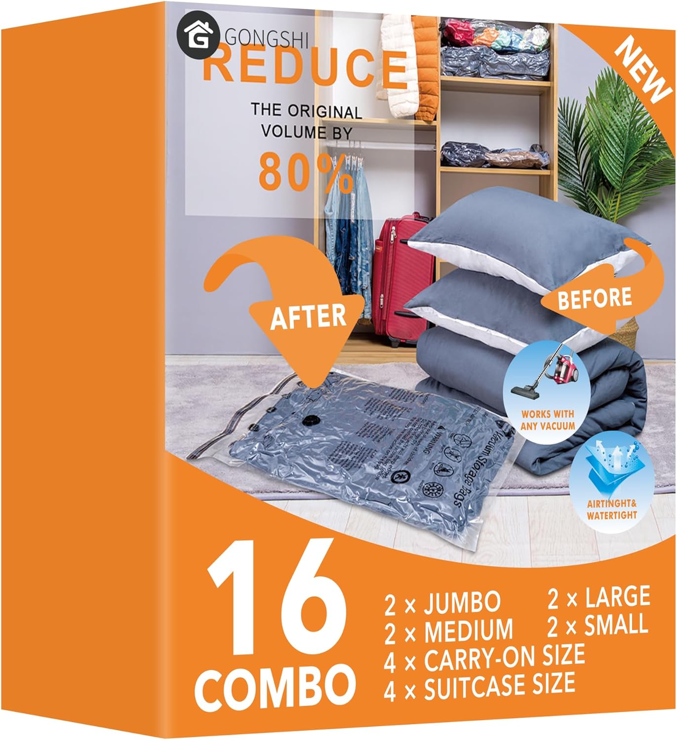 24 Pack Vacuum Storage Bags with Electric Pump, (5 Jumbo, 5 Large, 5 Medium, 5 Small, 4 Roll Up Bags) Space Saver Bag for Clothes, Mattress, Blanket, Duvets, Pillows, Comforters,Travel