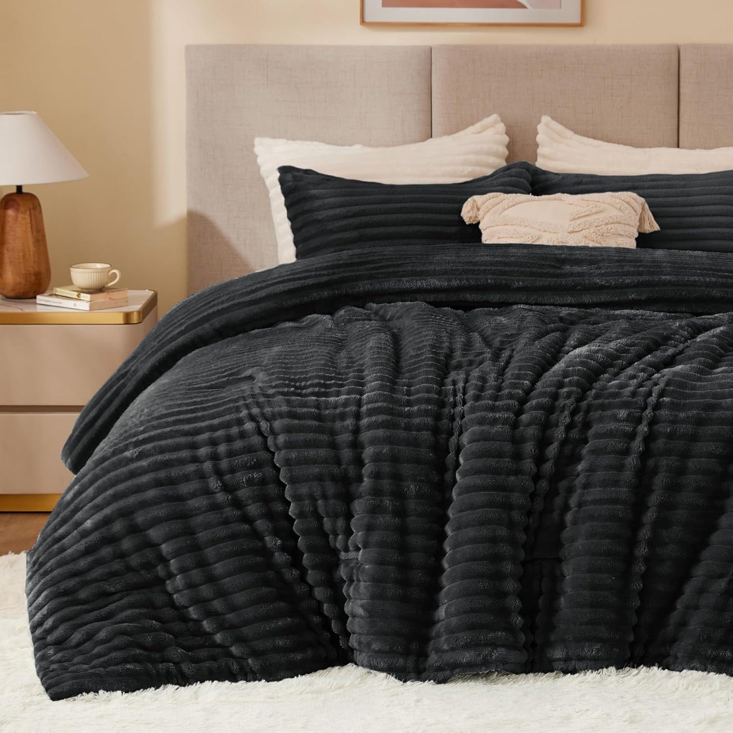 BEDELITE Fleece Comforter Set -Super Soft & Warm Fluffy Cream White Bedding, Luxury Fuzzy Heavy Bed Set for Winter with 2 Pillow Cases