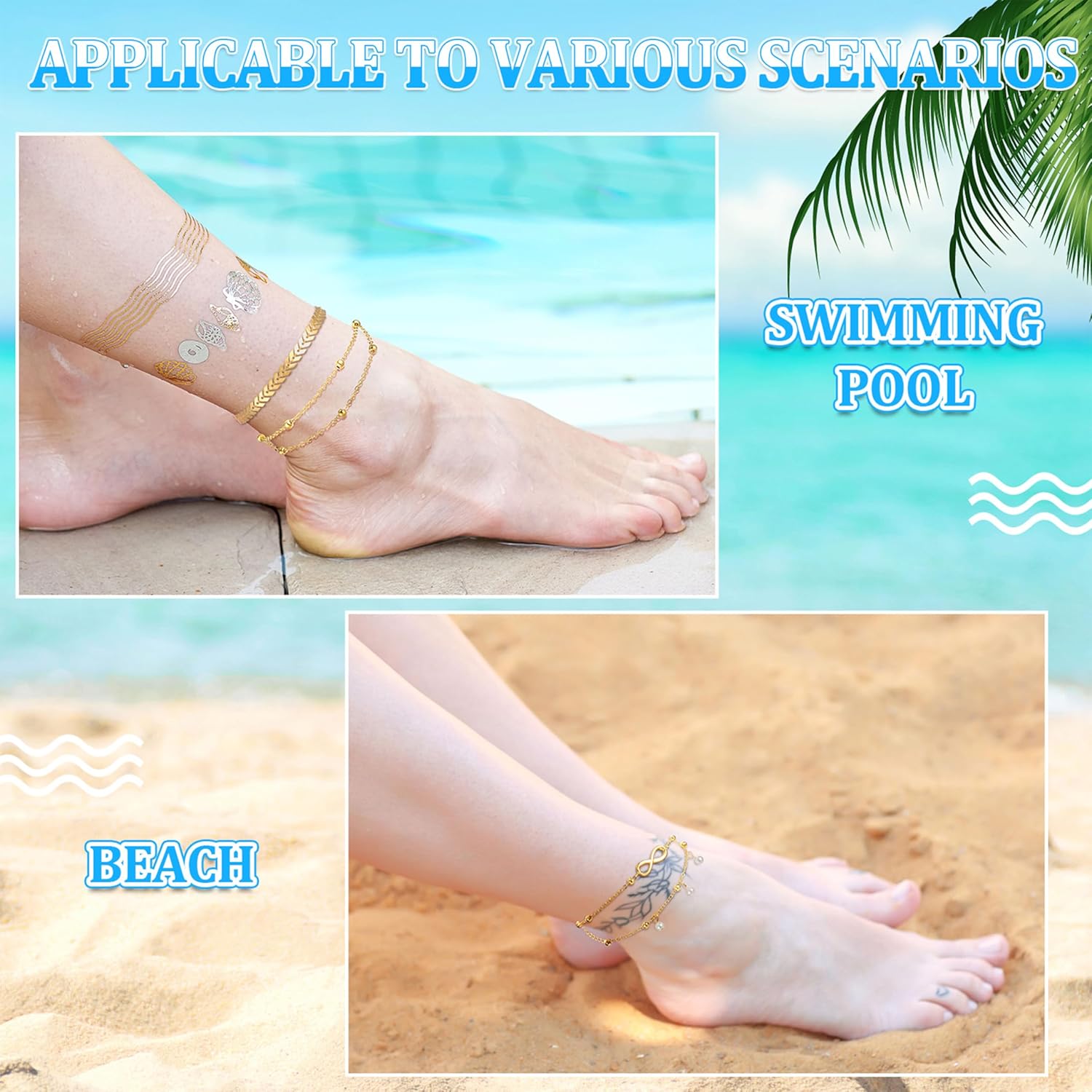 Hicarer 16 Pieces Ankle Bracelets 14K for Women Anklets Set Boho Beach Anklets Foot Chains Adjustable Foot Hand Jewelry Romantic Gift
