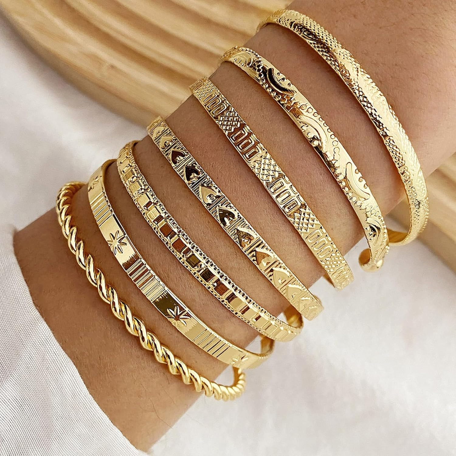 IFKM Gold Bangle Bracelets For Women, 14k Gold Plated Multi Layer Stackable Cuff Bracelet Set, Trendy Elegance Charms Non Tarnish Minimalist Textured Boho Jewelry Gift for Women