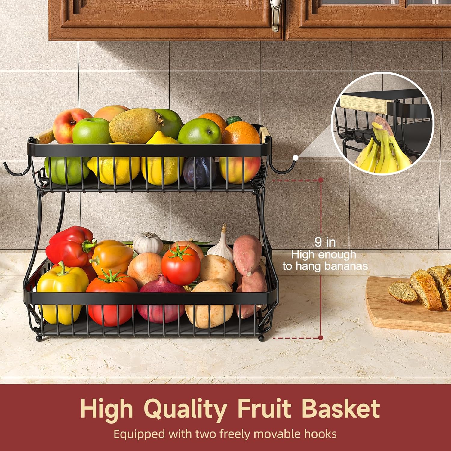 2 Tier Large Fruit Basket for Kitchen Counter with 2 Mobile Banana Hangers, 2025 Pro Detachable Metal Fruit Bowl with Wooden Handle, Fruit Holder for Bread Snack Veggies with Protective Mats