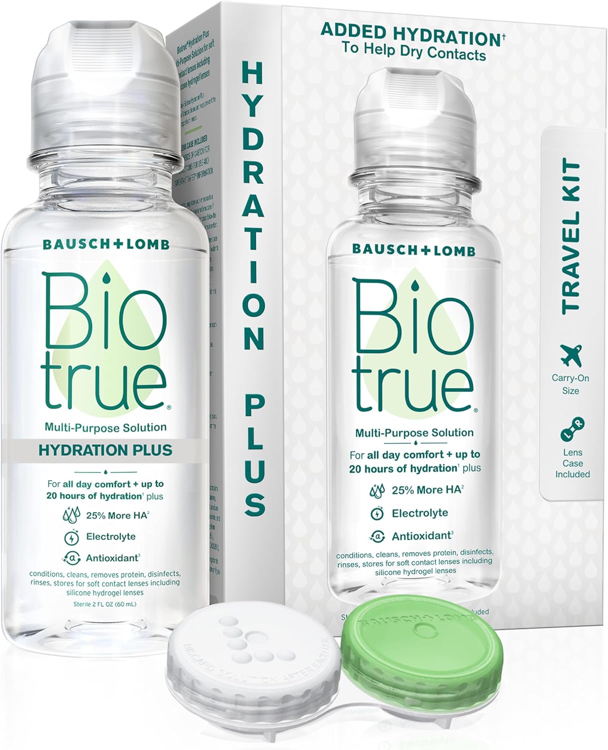 Biotrue Hydration Plus Contact Lens Solution with Lens Case, Multi-Purpose Solution for Soft Lenses, Hydrates with Hyaluronan, Cleans, Clears, and Disinfects for All-Day Comfort, 10 Fl Oz (Pack of 2)