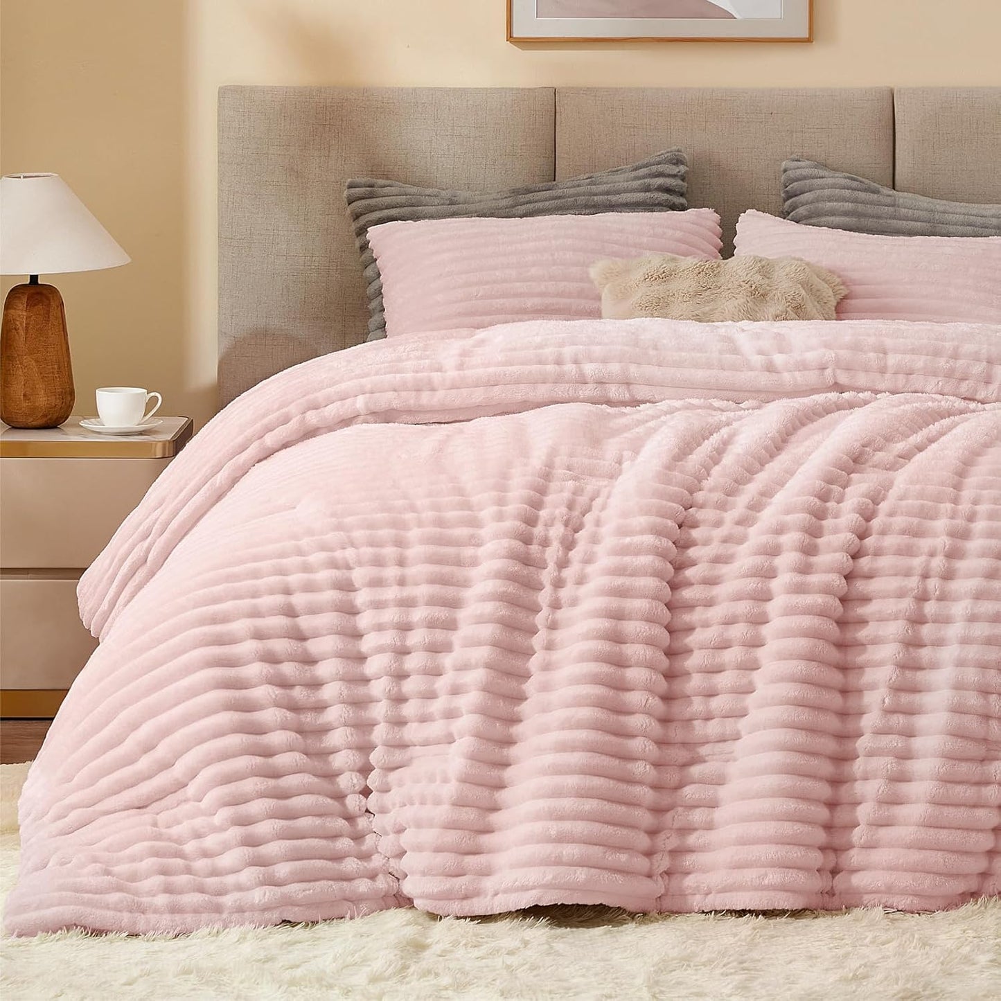 BEDELITE Fleece Comforter Set -Super Soft & Warm Fluffy Cream White Bedding, Luxury Fuzzy Heavy Bed Set for Winter with 2 Pillow Cases