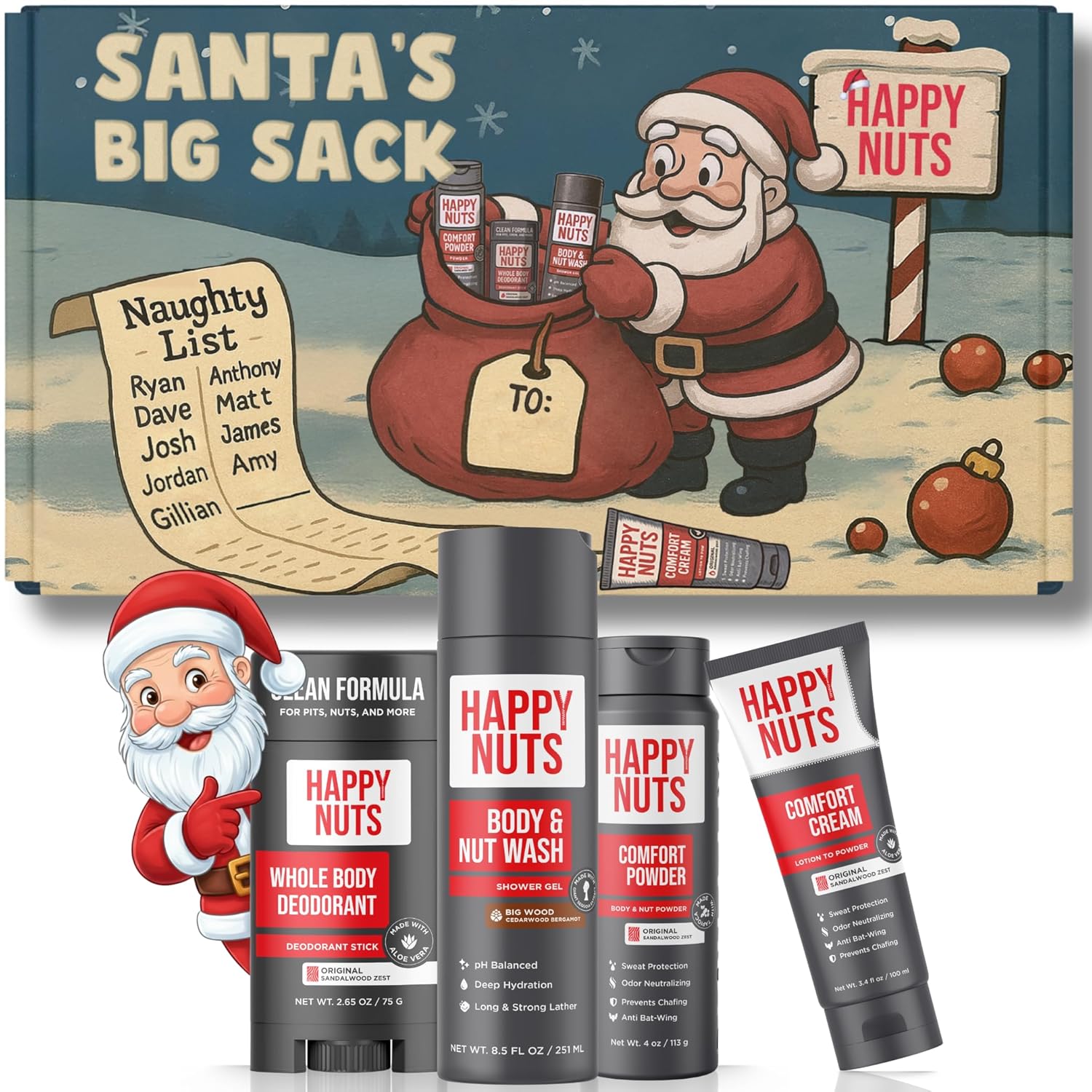 HAPPY NUTS Holiday Essentials Bundle Kit - Gift Box for Men with Comfort Cream, Hydrating Body Wash & Whole Body Deodorant - Mens White Elephant Gift Basket Idea for Him and Stocking Stuffer