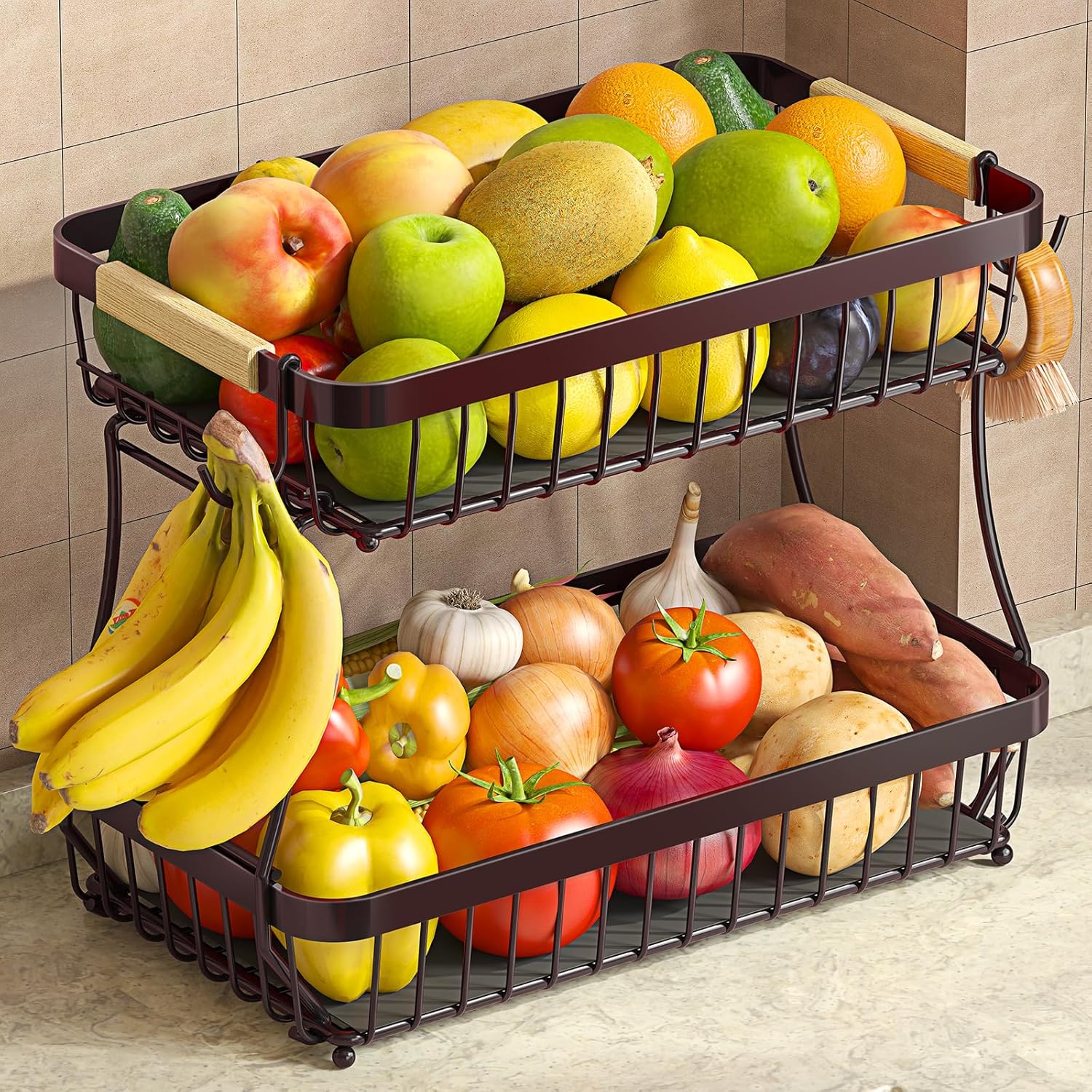 2 Tier Large Fruit Basket for Kitchen Counter with 2 Mobile Banana Hangers, 2025 Pro Detachable Metal Fruit Bowl with Wooden Handle, Fruit Holder for Bread Snack Veggies with Protective Mats