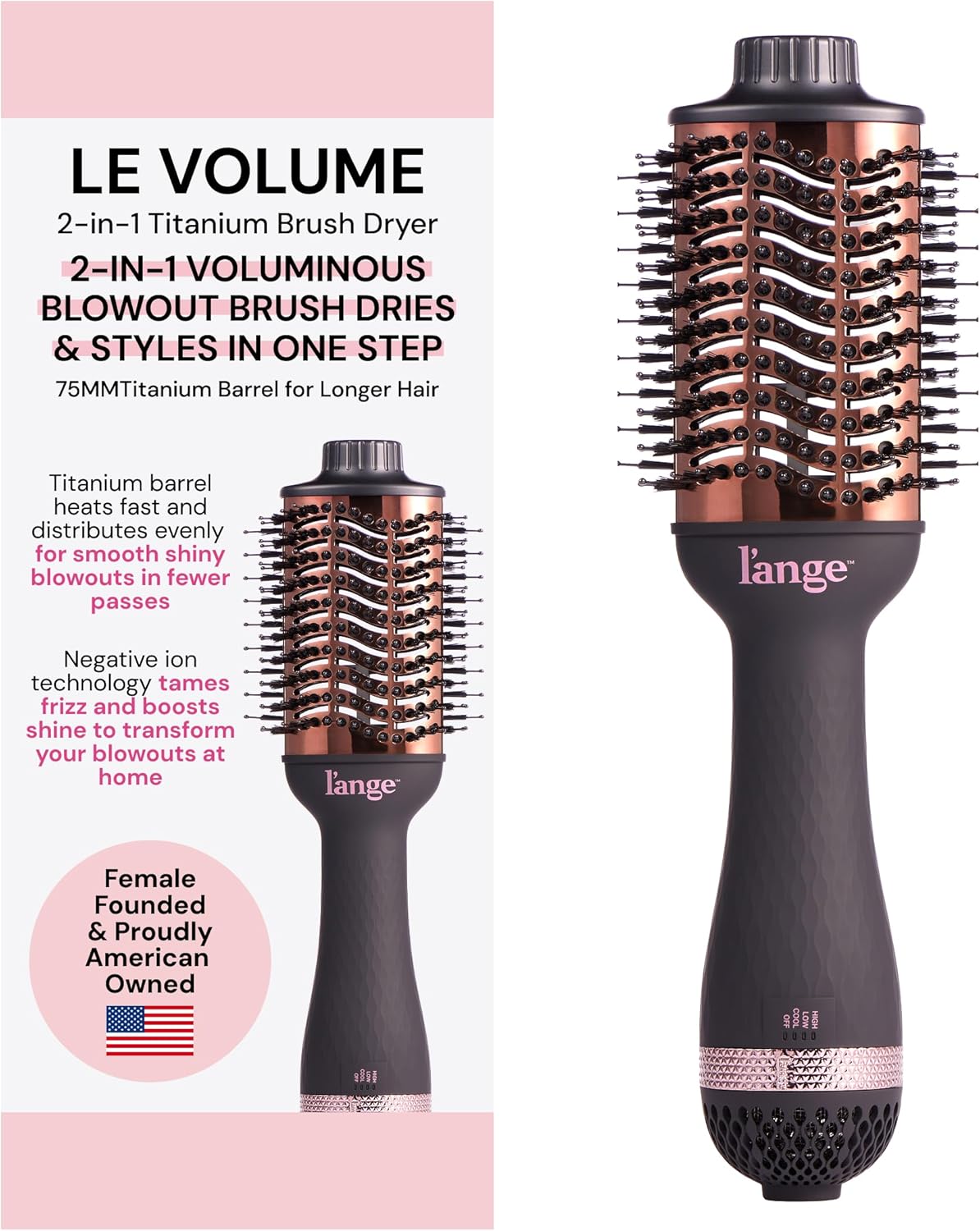 L'ANGE HAIR Le Volume 2-in-1 Titanium Blow Dryer Brush | Hot Air Brush for Hair Drying & Styling | Ionic Oval Barrel for Smooth, Frizz-Free Volume | (Blush – 60mm)