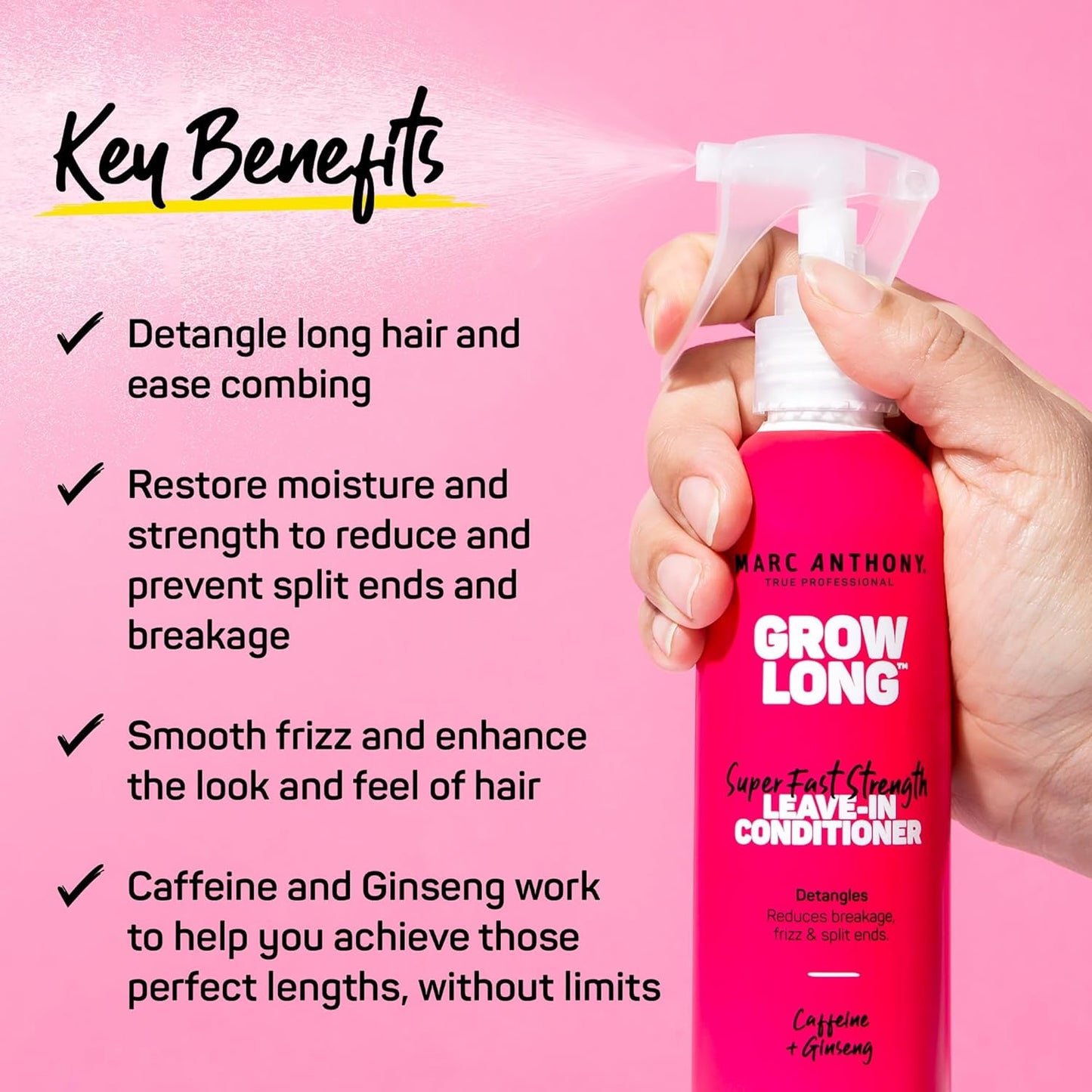 Marc Anthony Leave-In Conditioner Spray & Detangler, Grow Long Biotin - Anti-Frizz Deep Conditioner For Ends & Breakage - Vitamin E, Caffeine & Ginseng for Curly, Dry & Damaged Hair