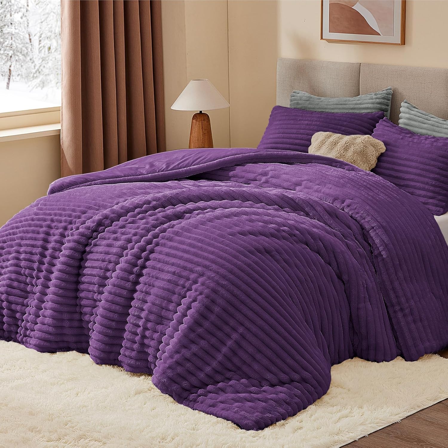 BEDELITE Fleece Comforter Set -Super Soft & Warm Fluffy Cream White Bedding, Luxury Fuzzy Heavy Bed Set for Winter with 2 Pillow Cases
