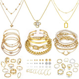 IFKM Gold Plated Jewelry Set for Women,14k Gold Plated Multi Layer Necklaces Stackable Bangle Bracelets Stackable Rings Hoop Earrings Set Anniversary Trendy Elegance Charms Anniversary Birthday Jewelry Gift