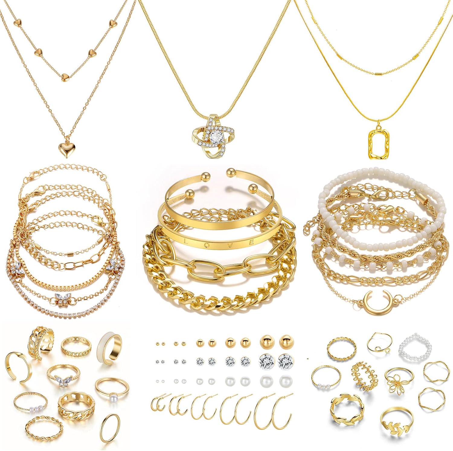 IFKM Gold Plated Jewelry Set for Women,14k Gold Plated Multi Layer Necklaces Stackable Bangle Bracelets Stackable Rings Hoop Earrings Set Anniversary Trendy Elegance Charms Anniversary Birthday Jewelry Gift