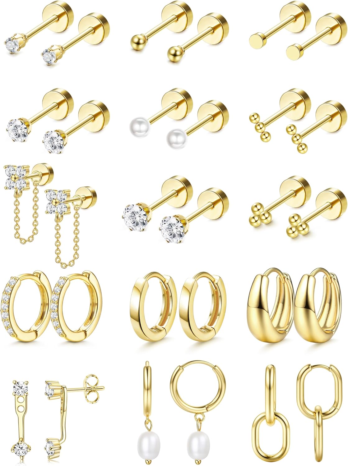LOLIAS Flat Back Earrings for Women Hypoallergenic Surgical Steel Earrings for Sensitive Ears-20G Cartilage Earring Stacks 14K Gold Plated Hoops Flatback Stud Earring Sets for Multiple Piercing