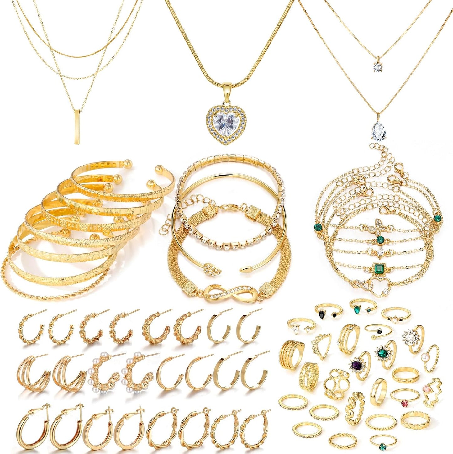 IFKM Gold Plated Jewelry Set for Women,14k Gold Plated Multi Layer Necklaces Stackable Bangle Bracelets Stackable Rings Hoop Earrings Set Anniversary Trendy Elegance Charms Anniversary Birthday Jewelry Gift